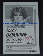 Ozzy Osbourne handbill with Metallica as opening act June 13, 1986 at Long Beach Theater 